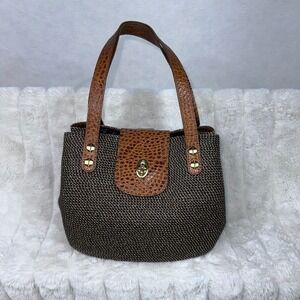 Eric Javits Woven Tote Bag‎ Brown Tan Crocodile Trim Top Handle